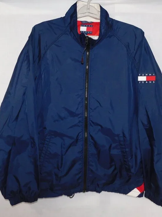 VTG 90s Y2K Tommy Jeans Hilfiger mens L Full Zip Blue Windbreaker Jacket - Picture 2 of 16
